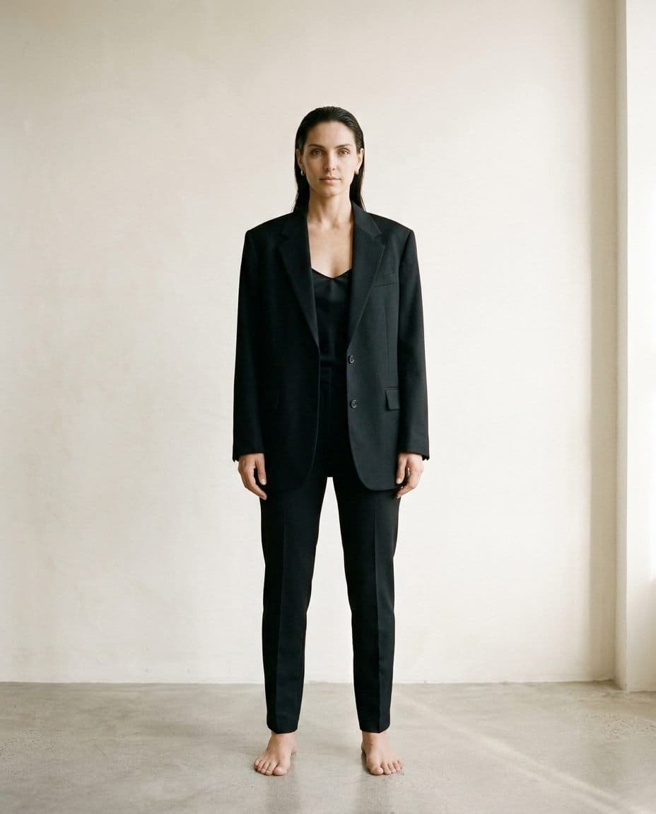 Blazer oversize negro sobre fondo neutro, vista frontal