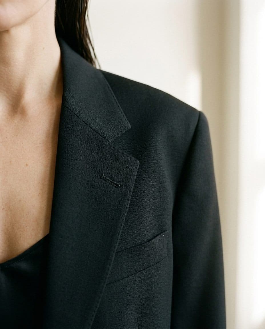 Detalle de solapa y botones del blazer oversize