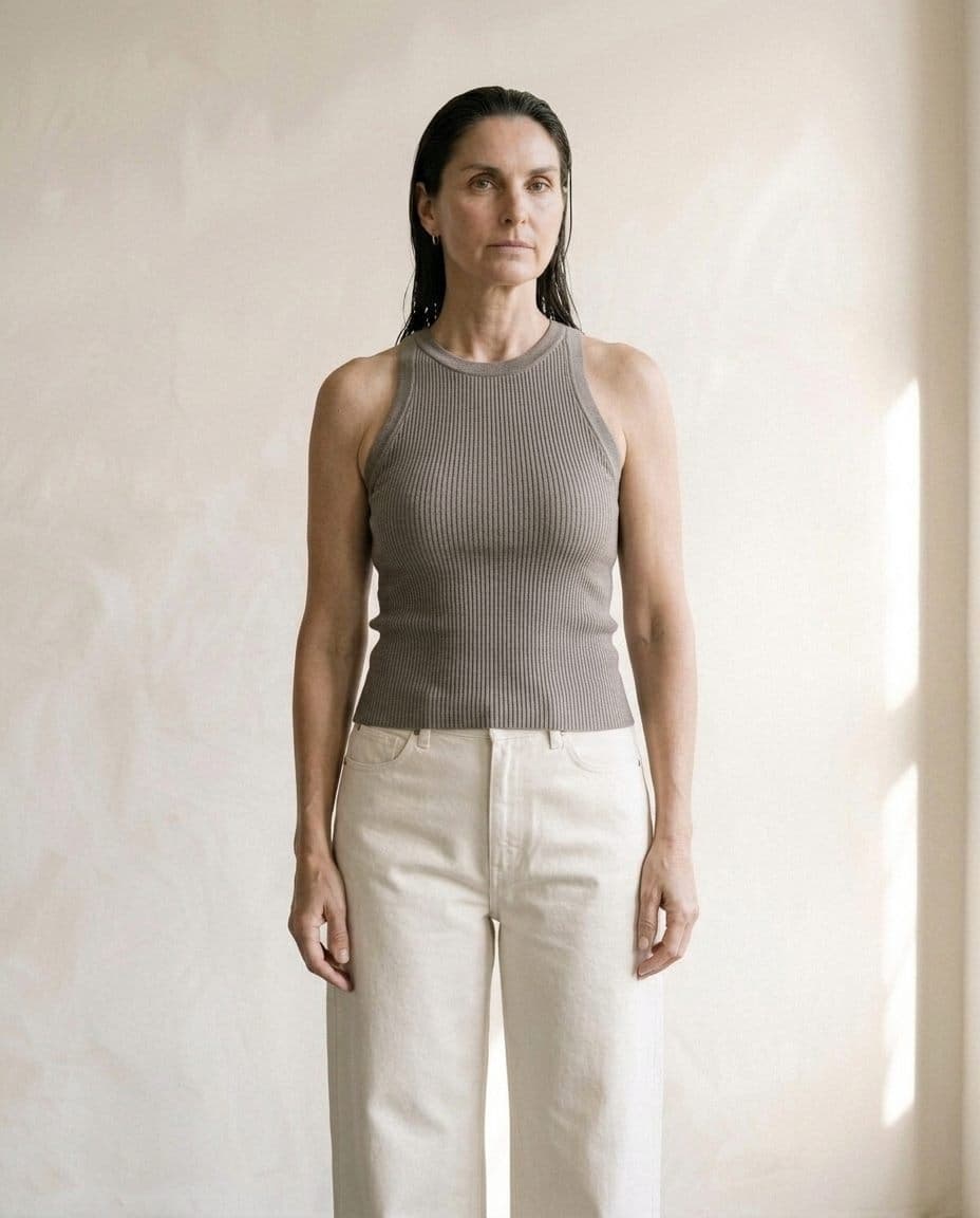 Top rib gris de morley con escote recto, vista frontal