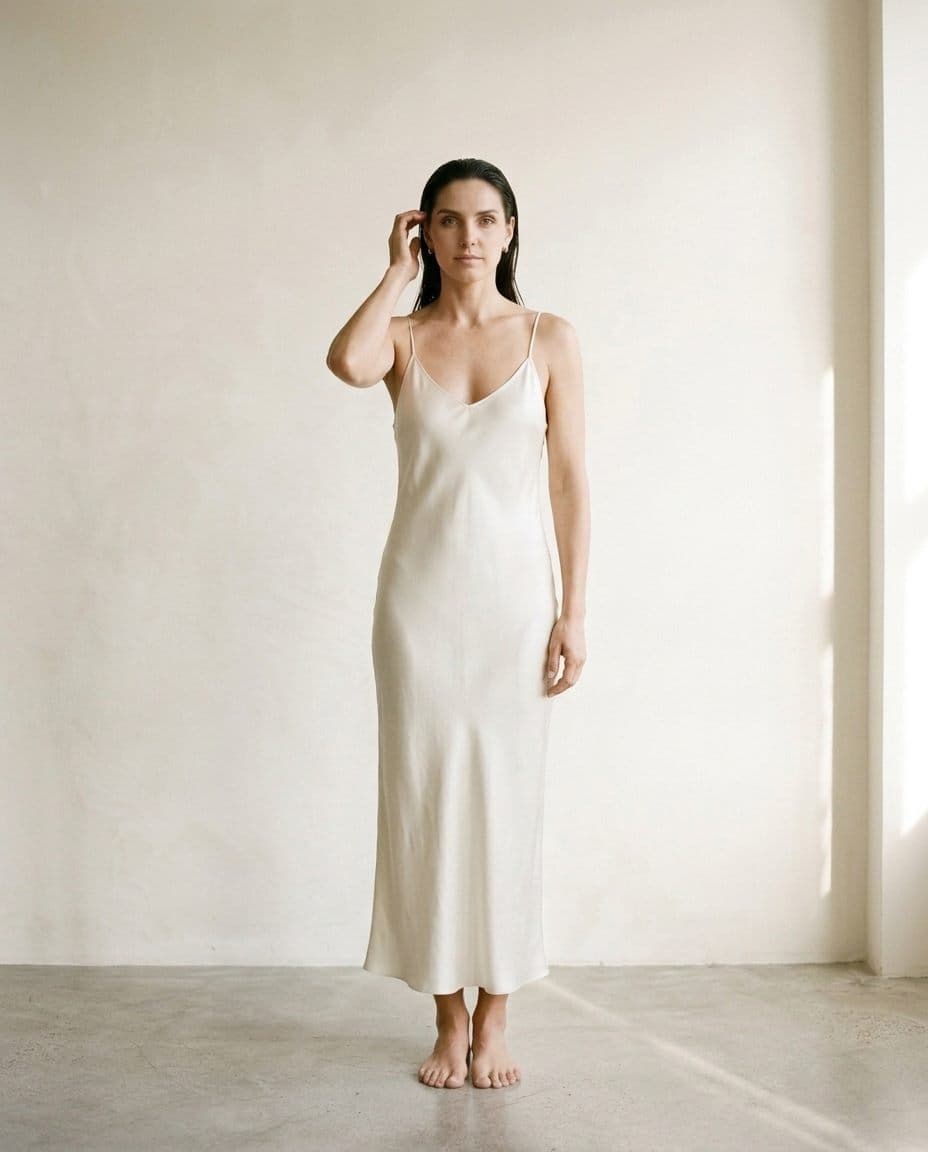 Vestido slip marfil de corte al bies, vista frontal